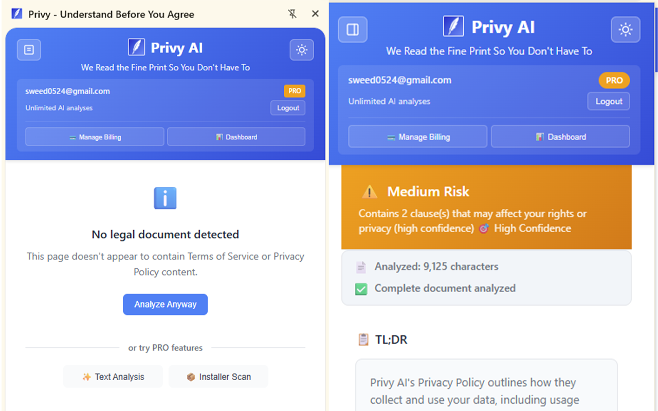Privy AI Chrome extension instant analysis results showing privacy policy risk assessment and plain English summary