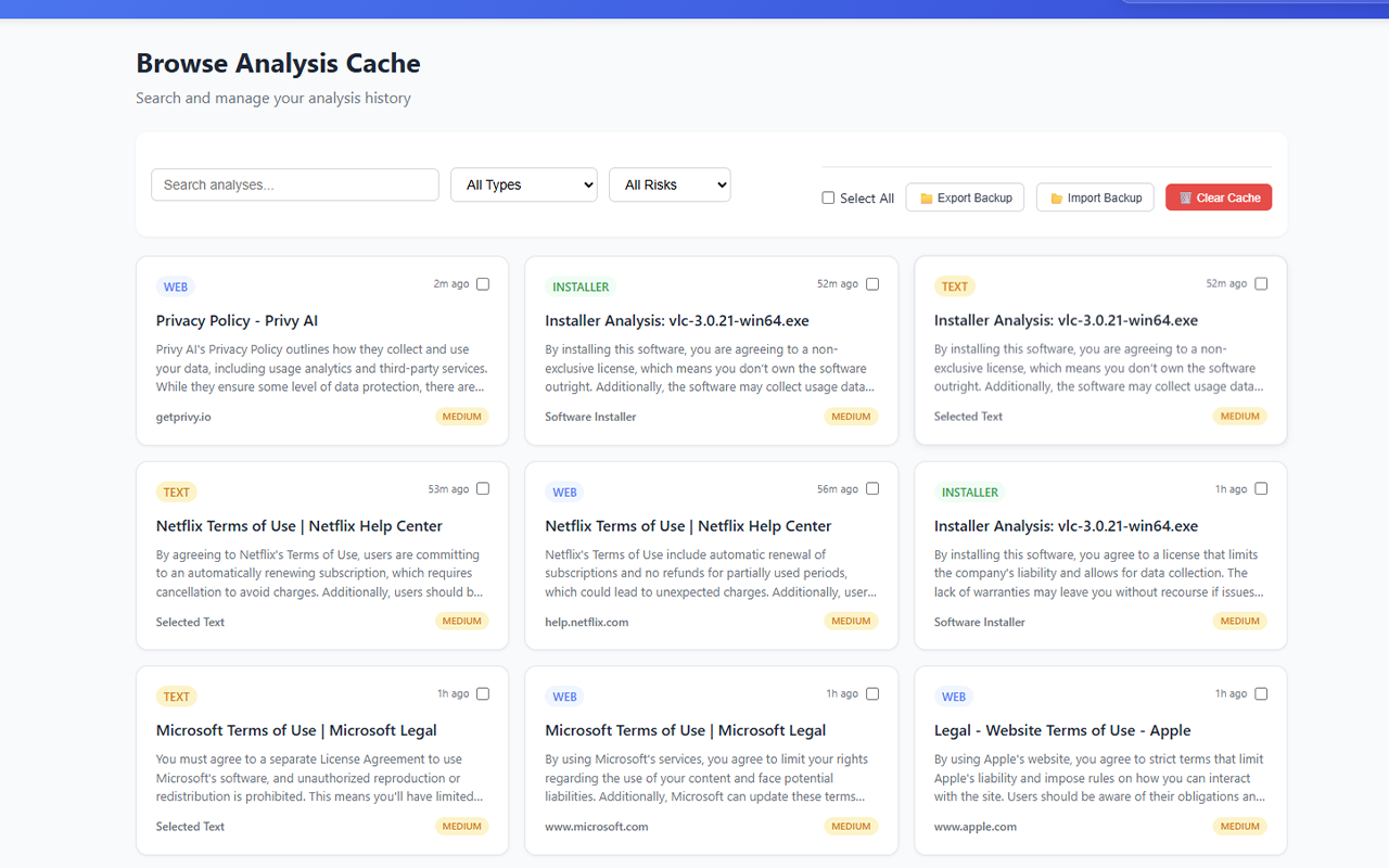 Privy AI analytics dashboard showing privacy exposure tracking and analysis history